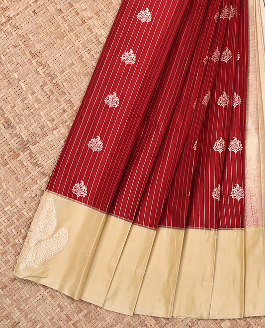 Red Budget Silk Saree, Embellished with Zari Buttas and Stripes, Complemented by a Contrast Zari Border, Grand Pallu, and a Contrast Blouse
