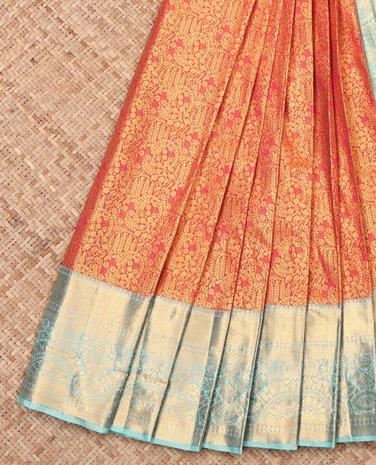 Orange Budget Silk Saree, Ornamented with Jacquard Design, Complemented by Contrast Traditional Zari Border, Intricate Pallu, and Contrast Blouse