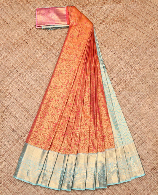 Orange Budget Silk Saree, Ornamented with Jacquard Design, Complemented by Contrast Traditional Zari Border, Intricate Pallu, and Contrast Blouse