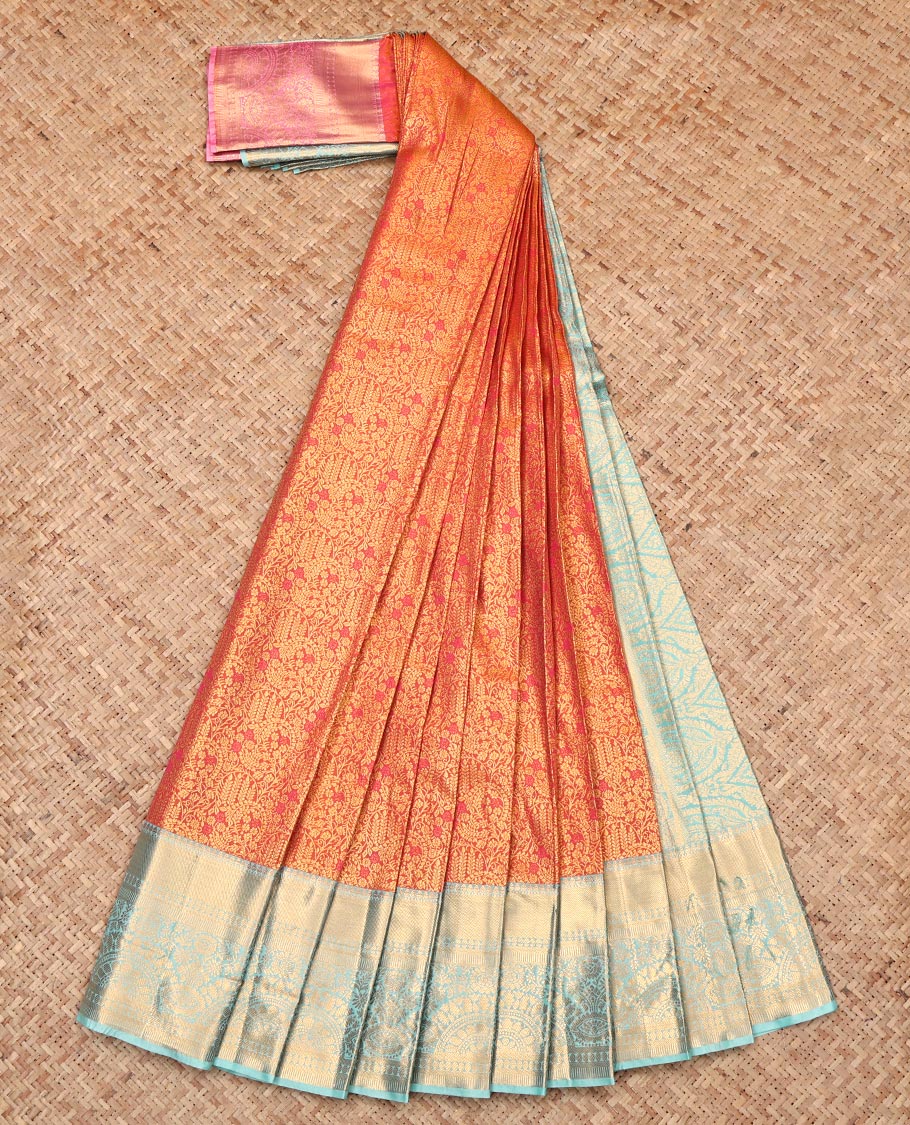Orange Budget Silk Saree, Ornamented with Jacquard Design, Complemented by Contrast Traditional Zari Border, Intricate Pallu, and Contrast Blouse