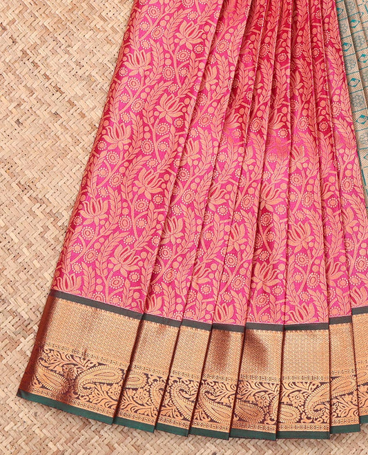 Pink Budget Silk Saree, Embellished with Jacquard Design, Complemented by a Contrast Paisley Zari Border, Grand Pallu, and a Contrast Blouse