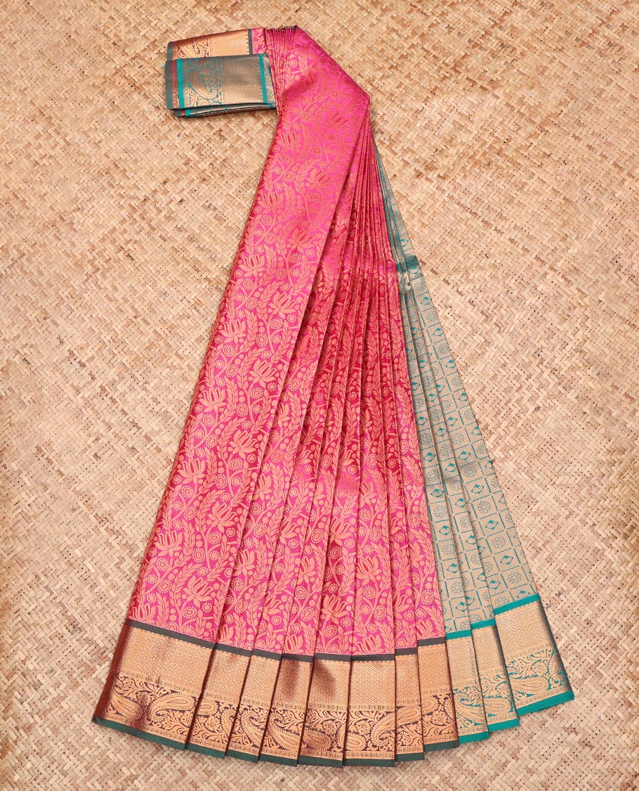 Pink Budget Silk Saree, Embellished with Jacquard Design, Complemented by a Contrast Paisley Zari Border, Grand Pallu, and a Contrast Blouse