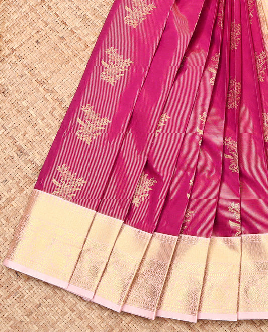 Pink Budget Silk Saree, Embellished with Zari Buttas and Stripes, Complemented by a Contrast Traditional Border, Grand Pallu, and Contrast Blouse