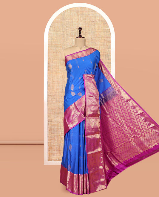 Royal Blue Budget Silk Saree, Gleamed Up with Zari Designs, Complemented by a Contrast Traditional Border, Grand Pallu, and a Contrast Blouse