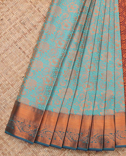 Blue Budget Silk Saree, Decorated with Floral Jacquard Design, Complemented by Contrast Traditional Zari Border, a Jaal Pallu and a Contrast Blouse
