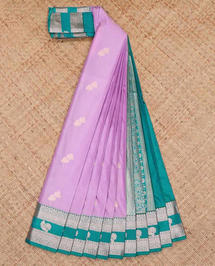 Purple Budget Silk Saree, Gleamed Up with Zari Buttas, Complemented by a Contrast Traditional Zari Border, Grand Pallu, and a Contrast Blouse