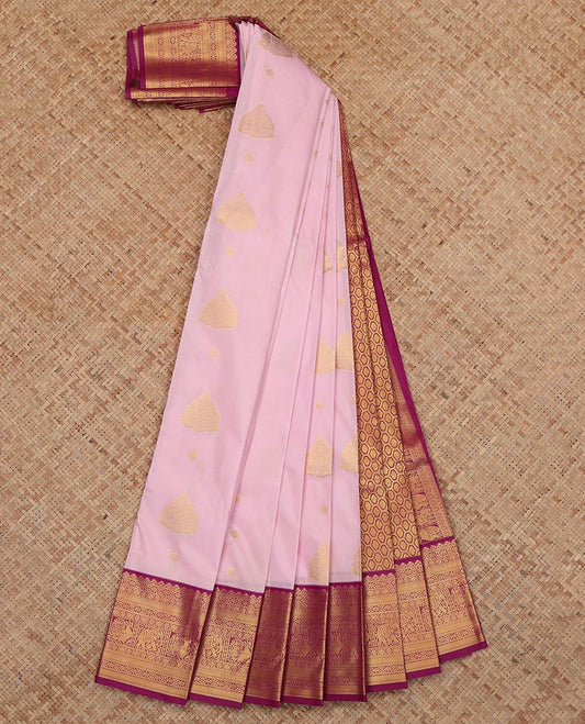 Pink Budget Silk Saree, Woven with Floral Buttas, a Contrast Traditional Elephant-Peacock Zari Border, an Intricate Geomentric Pallu and a Contrast Blouse