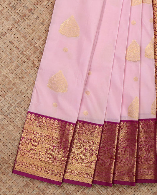 Pink Budget Silk Saree, Woven with Floral Buttas, a Contrast Traditional Elephant-Peacock Zari Border, an Intricate Geomentric Pallu and a Contrast Blouse