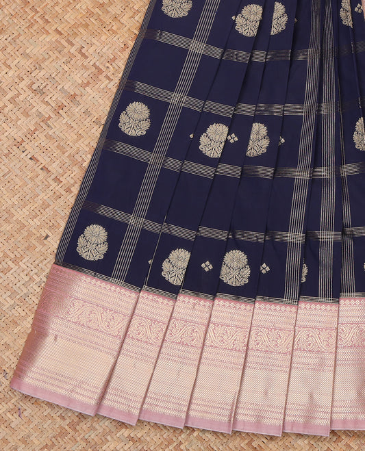 Blue Budget Silk Saree, Detailed with Zari Butta Enclosed Checks, a Contrast Traditional Zari Border, Grand Pallu, and a Contrast Blouse