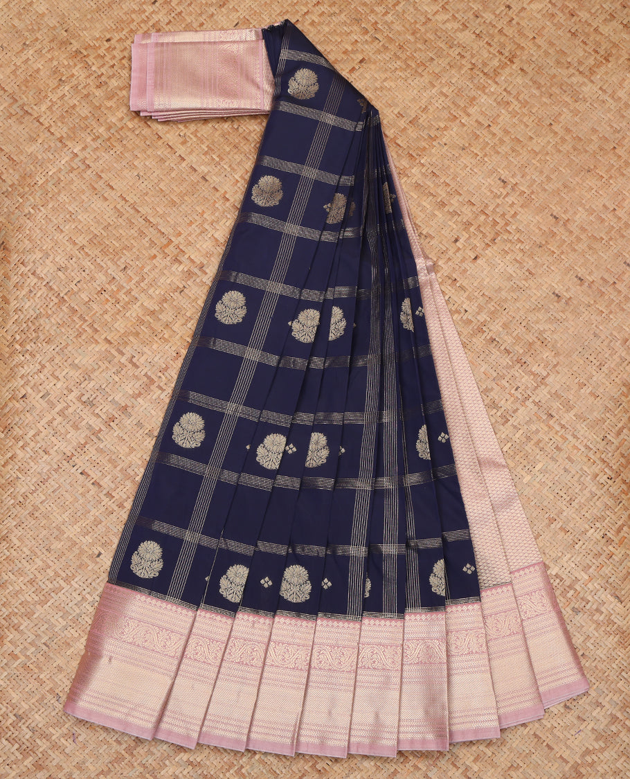 Blue Budget Silk Saree, Detailed with Zari Butta Enclosed Checks, a Contrast Traditional Zari Border, Grand Pallu, and a Contrast Blouse