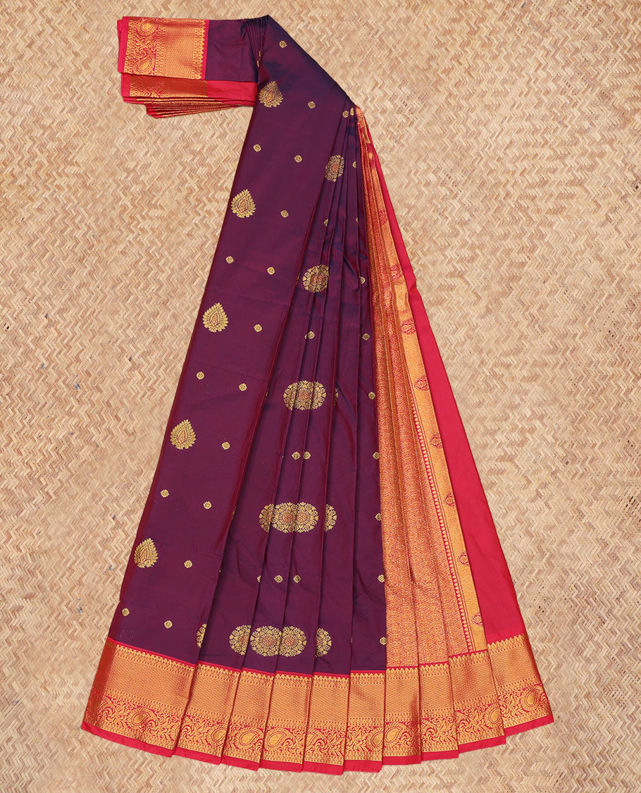 Purple Budget Silk Saree, Elevated with Zari Buttas, a Contrast Traditional Zari Border, Grand Pallu, and a Contrast Blouse