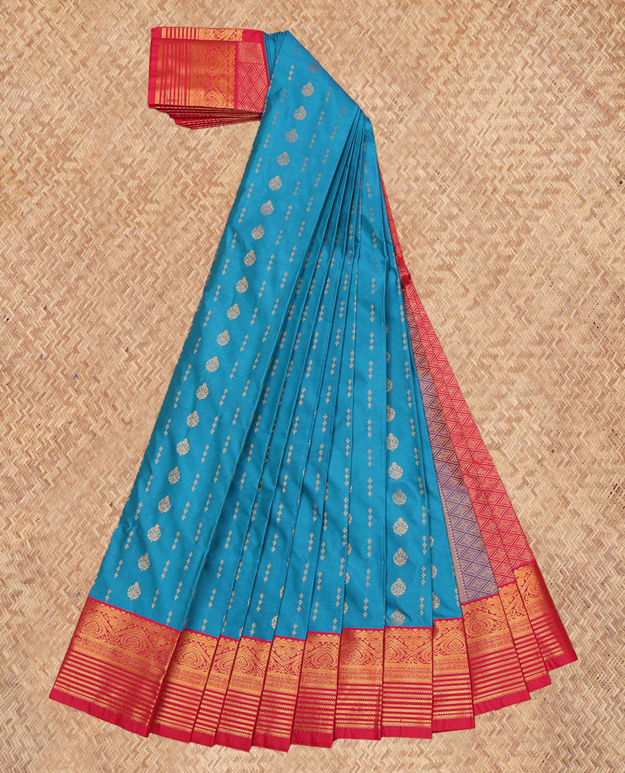 Blue Budget Silk Saree, Prettified with Zari Buttas, a Contrast Traditional Zari Border, Jaal Pallu, and a Contrast Blouse