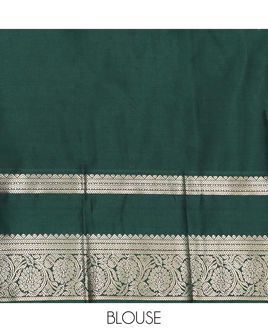 Green zari buttas gift saree, contrast rettai pettu zari border, and pallu steeped with traditional designs