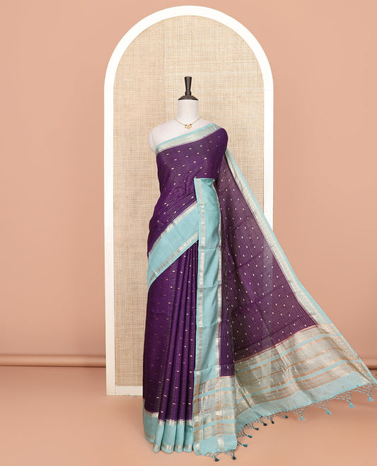 Purple zari buttas and striped Assam silk saree, contrast border of traditional zari designs, and striped pallu
