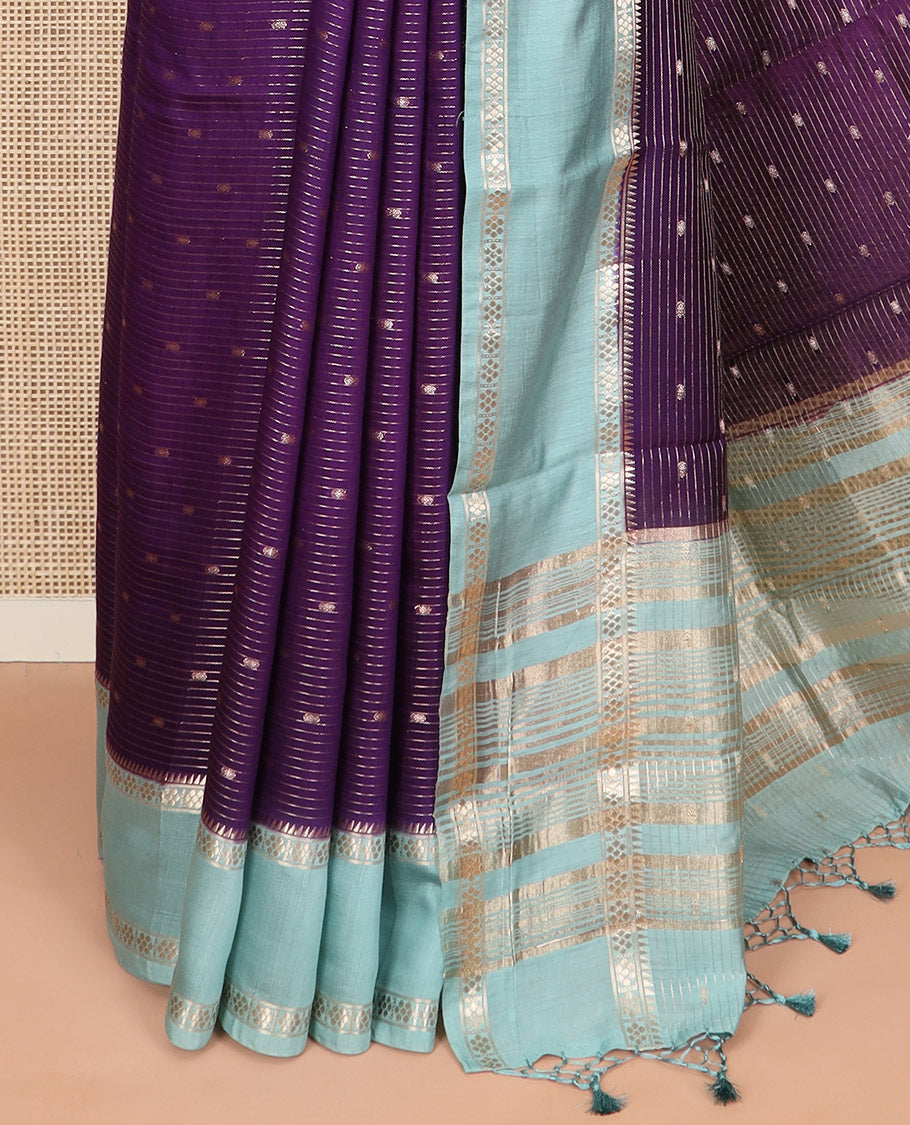 Purple zari buttas and striped Assam silk saree, contrast border of traditional zari designs, and striped pallu
