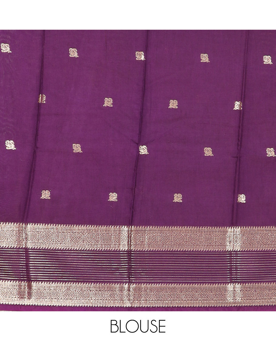 Yellow Assam Silk Saree Sparsely Woven with Peacock Buttas, Complemented by Contrast Traditional Zari Design Border, Pallu Highlighted with Zari Stripes, and Paired with a Contrast Blouse
