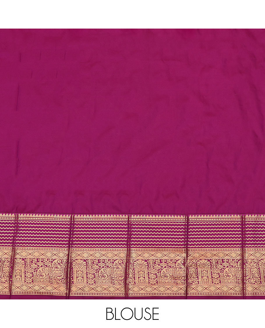 Green Budget Silk Saree Beautified with Zari Buttas, Highlighted with a Contrast Traditional Zari Border, Elevated with Pallu of Thilak and Jaal Designs, Paired with a Contrast Blouse