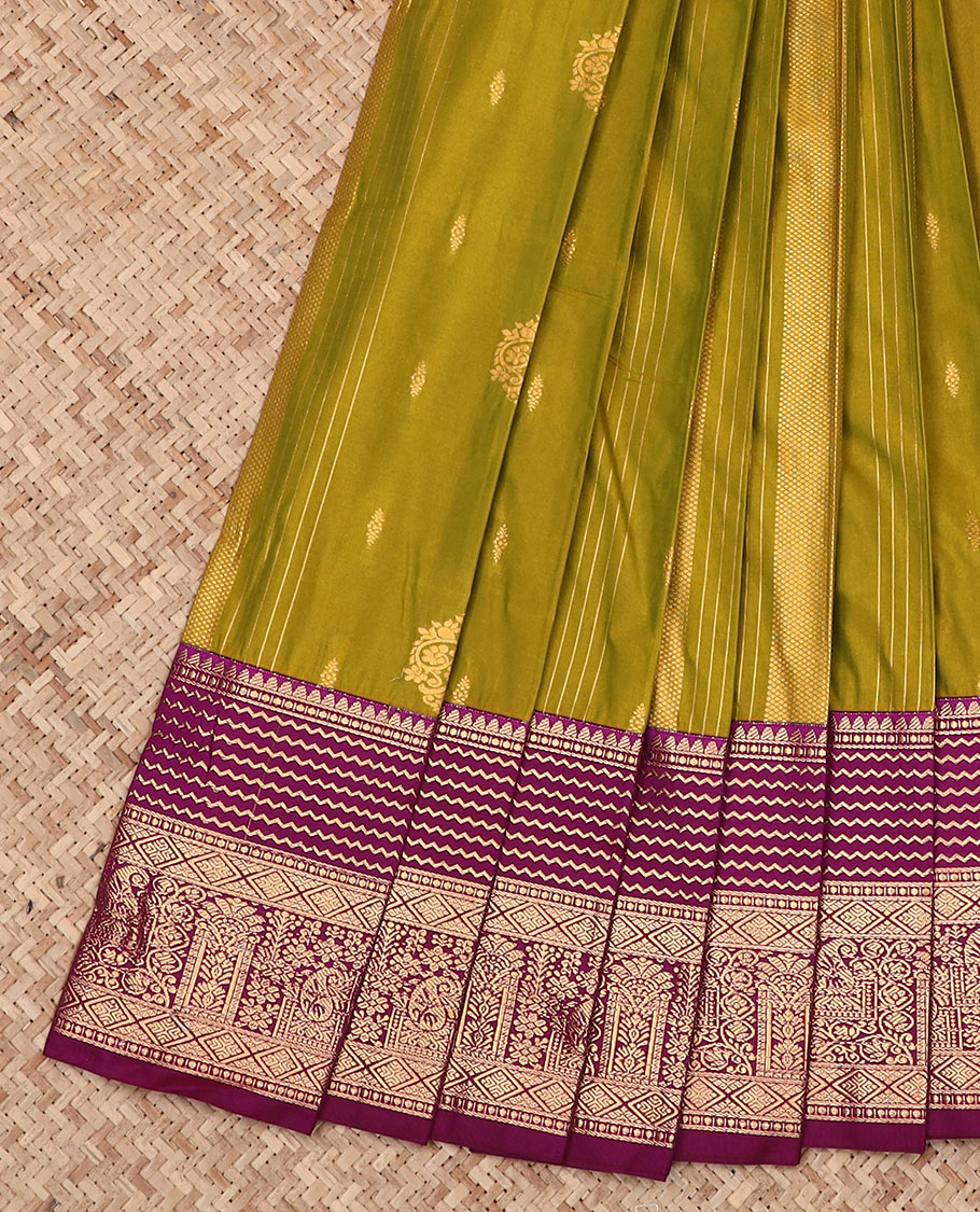 Green Budget Silk Saree Beautified with Zari Buttas, Highlighted with a Contrast Traditional Zari Border, Elevated with Pallu of Thilak and Jaal Designs, Paired with a Contrast Blouse