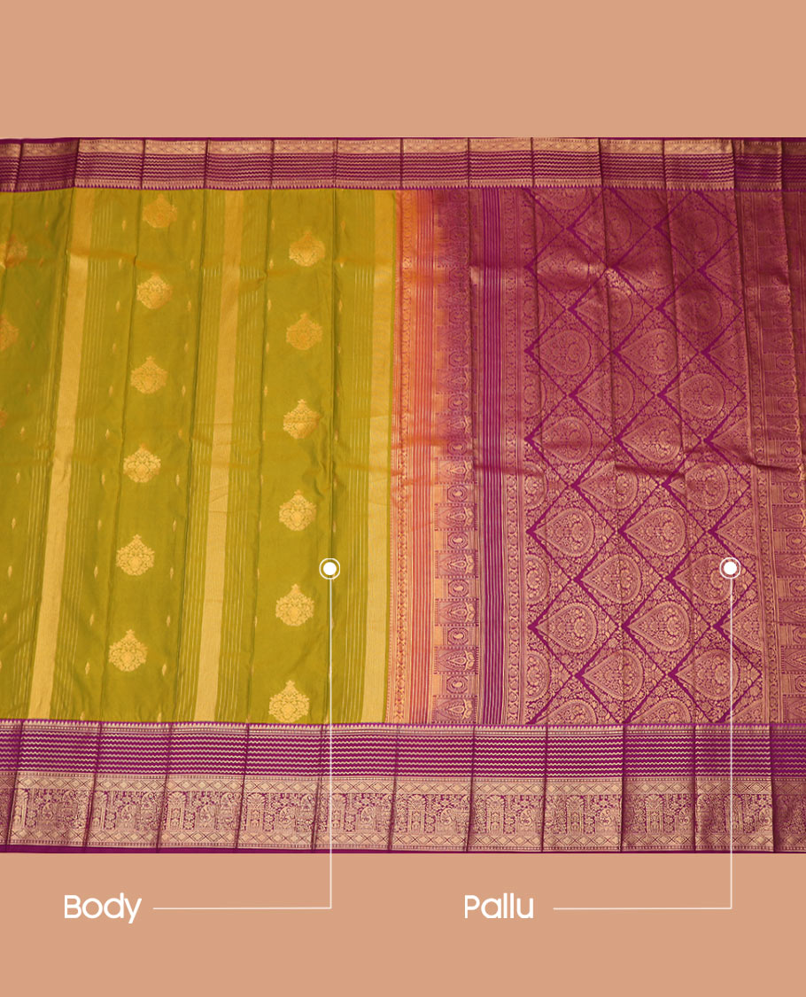 Green Budget Silk Saree Beautified with Zari Buttas, Highlighted with a Contrast Traditional Zari Border, Elevated with Pallu of Thilak and Jaal Designs, Paired with a Contrast Blouse