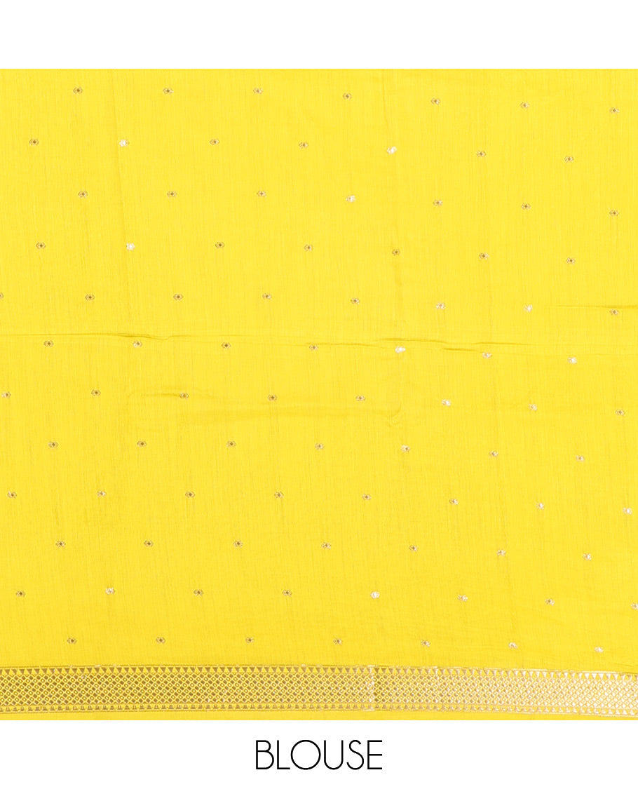 Bright Yellow Assam Silk Saree Woven with Buttas, Subtly Woven Traditional Zari Border, Pallu Trimmed with Zari Stripes, and Paired with a Contrast Blouse