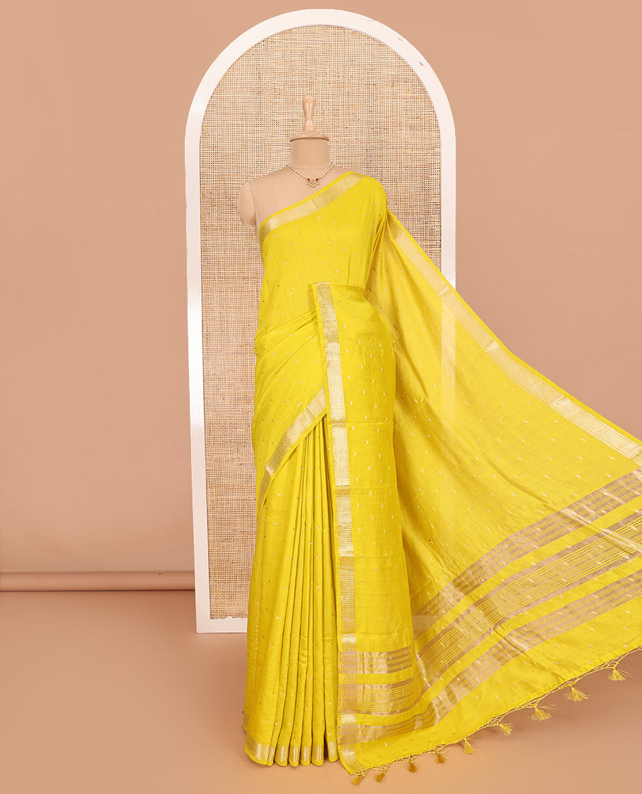 Bright Yellow Assam Silk Saree Woven with Buttas, Subtly Woven Traditional Zari Border, Pallu Trimmed with Zari Stripes, and Paired with a Contrast Blouse