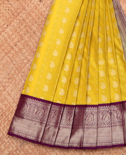 Yellow Budget Silk Saree, Sparsely Threaded with Zari Buttas, Complemented by a Contrast Traditional Zari Border, Grand Pallu, and Contrast Blouse