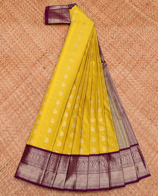 Yellow Budget Silk Saree, Sparsely Threaded with Zari Buttas, Complemented by a Contrast Traditional Zari Border, Grand Pallu, and Contrast Blouse