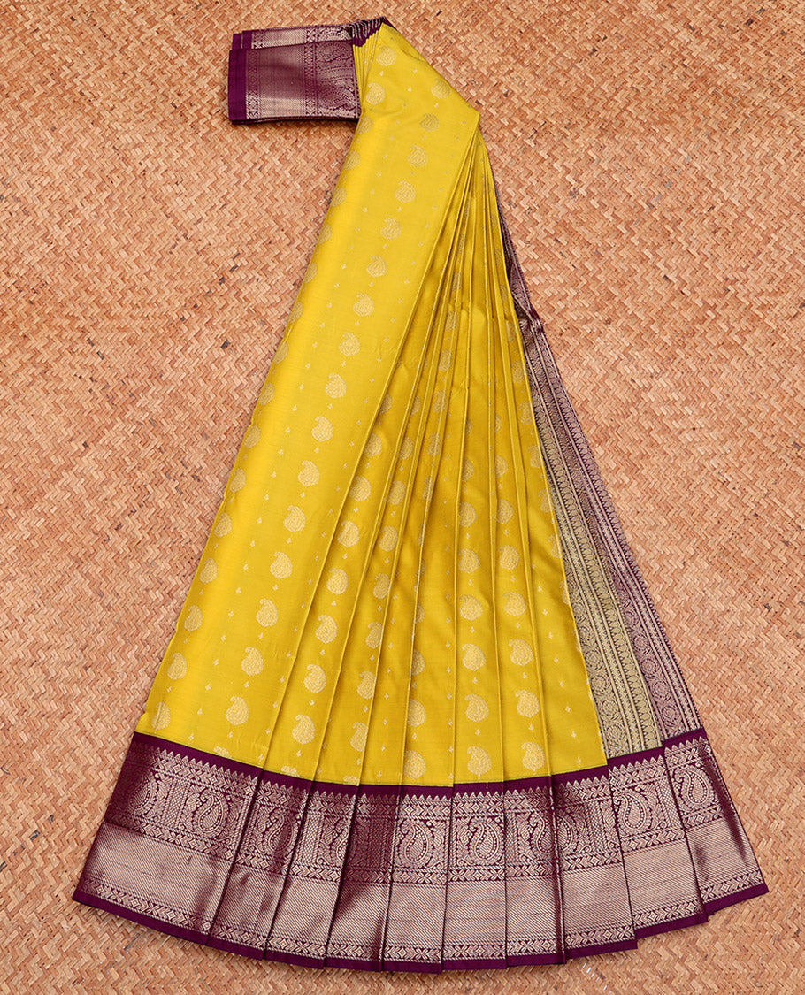 Yellow Budget Silk Saree, Sparsely Threaded with Zari Buttas, Complemented by a Contrast Traditional Zari Border, Grand Pallu, and Contrast Blouse