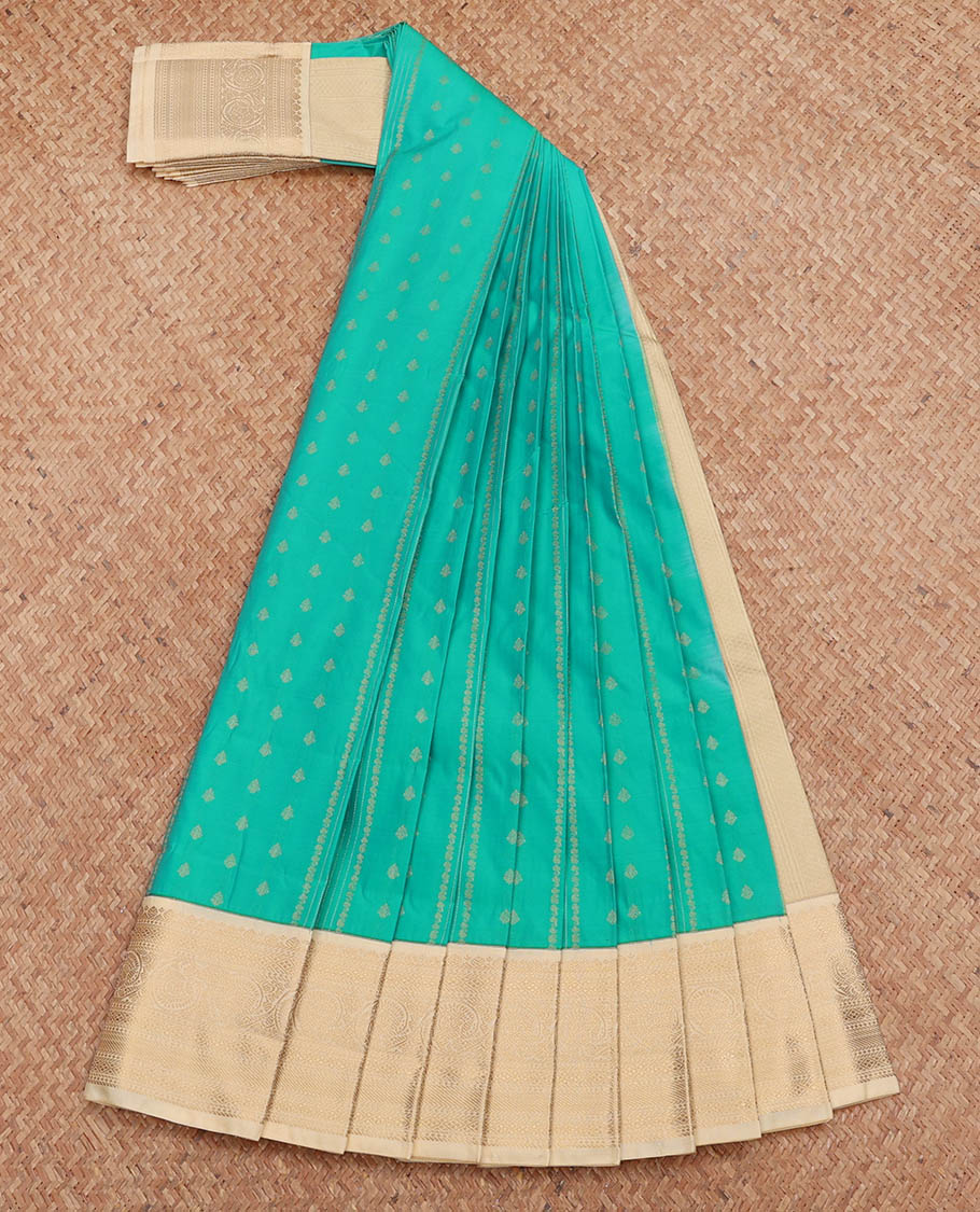Green Budget Silk Saree, Subtly Sparkled with Zari Buttas and Stripes, Complemented by a Contrast Traditional Zari Design Border, Grand Pallu, and a Contrast Blouse
