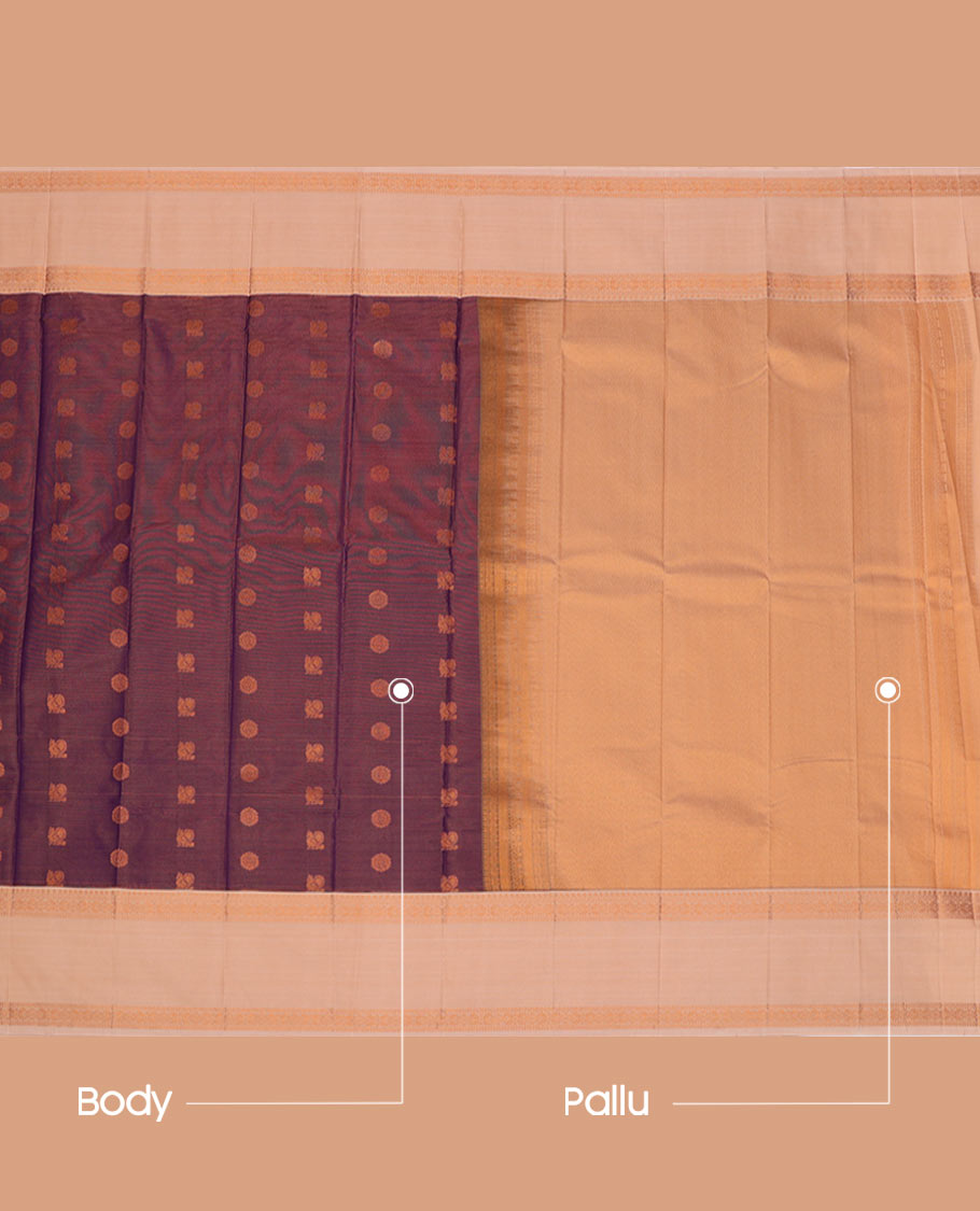 Purple  Budget Silk Saree Artfully Detailed with Peacock Chakram Buttas and Zari Stripes, Highlighted with a Contrast Traditional Zari Design Rettai Pettu Border, Zari Woven Pallu, and Paired with a Contrast Blouse