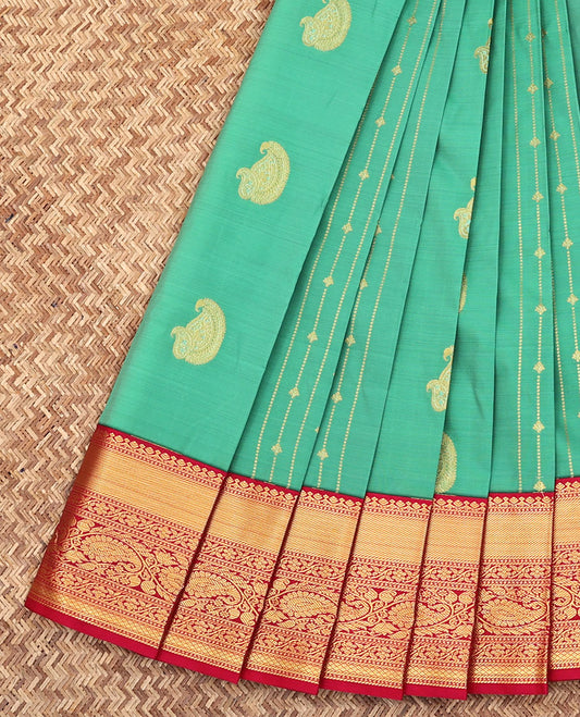 Green Budget Silk Saree, Delicately Woven with Paisley Buttas and Stripes All Over Its Body, Complemented by a Contrast Traditional Zari Design Border, Grandly Jaal-Design Pallu, and Paired with a Contrast Blouse
