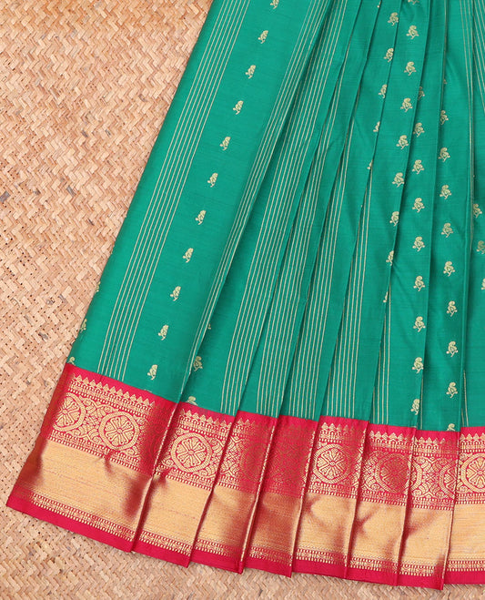 Green Budget Silk Saree, Bedecked with Zari Buttas on Its Body, Complemented by a Contrast Traditional Zari Design Border, Pallu of Geometric Designs, and Paired with a Contrast Blouse