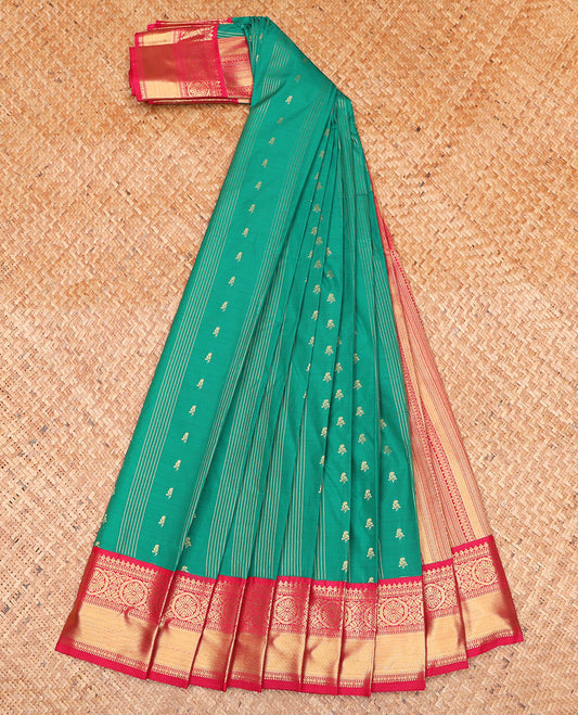 Green Budget Silk Saree, Bedecked with Zari Buttas on Its Body, Complemented by a Contrast Traditional Zari Design Border, Pallu of Geometric Designs, and Paired with a Contrast Blouse