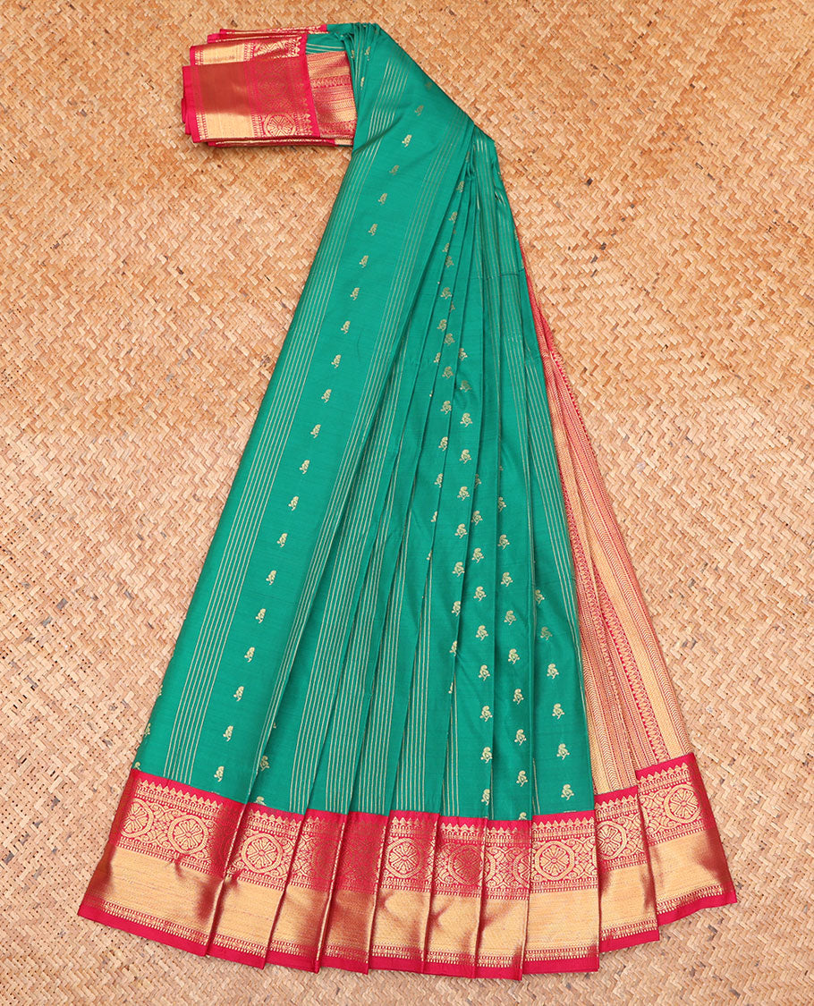 Green Budget Silk Saree, Bedecked with Zari Buttas on Its Body, Complemented by a Contrast Traditional Zari Design Border, Pallu of Geometric Designs, and Paired with a Contrast Blouse