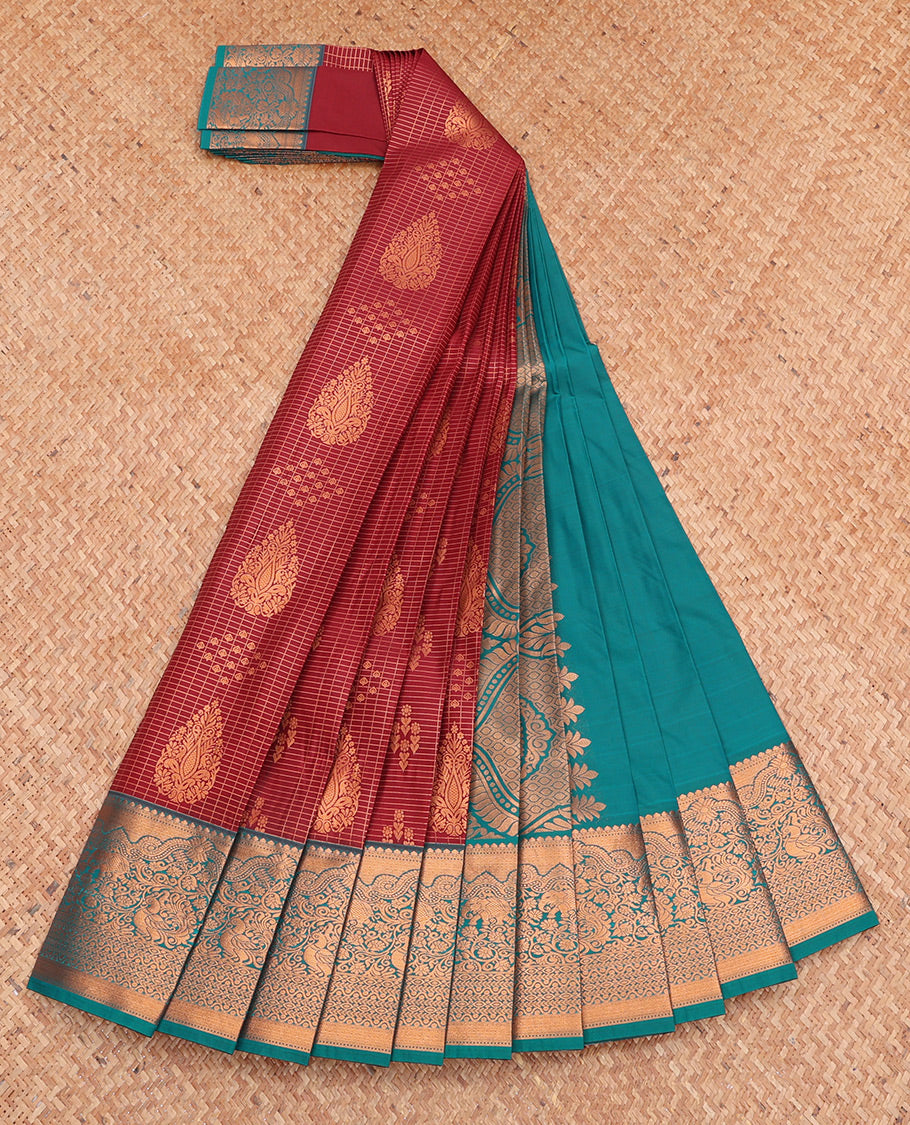 Maroon Budget Silk Saree, Crafted with Zari Buttas and Checks, Complemented by a Contrast Traditional Zari Border, Grand Pallu, and Contrast Blouse