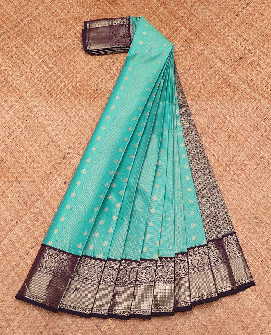 Green Budget Silk Saree, Richly Detailed with Zari Buttas and Stripes, Complemented by a Contrast Traditional Zari Border, Jaal Pallu, and a Contrast Blouse
