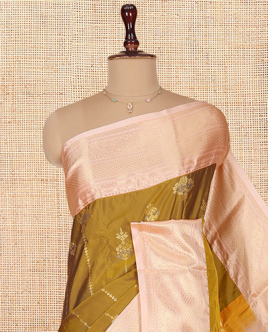 Mustard Budget Silk Saree, Designed with Zari Buttas on Its Body, Complemented by a Contrast Traditional Zari Design Border, Grandly Decked Up Pallu, and Paired with a Contrast Blouse