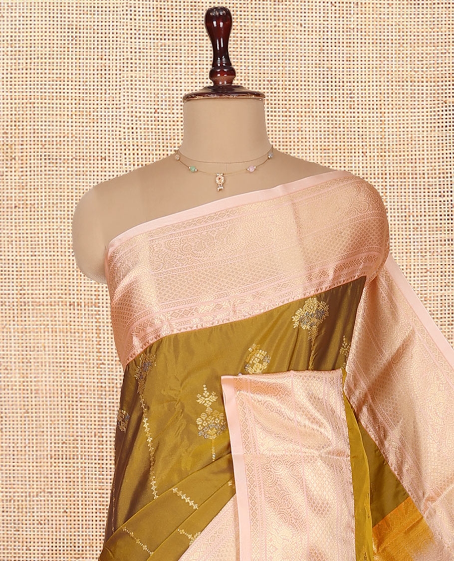 Mustard Budget Silk Saree, Designed with Zari Buttas on Its Body, Complemented by a Contrast Traditional Zari Design Border, Grandly Decked Up Pallu, and Paired with a Contrast Blouse