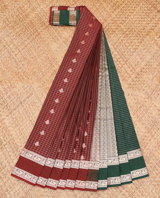 Maroon Budget Silk Saree, Ornamented with Checks and Buttas, Complemented by Rettai Pettu Traditional  Zari Border, a Contrast Grand Pallu and a Contrast Blouse