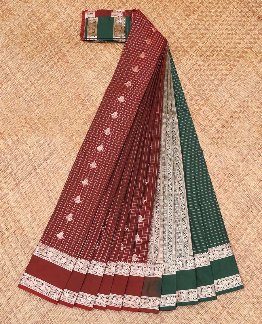 Maroon Budget Silk Saree, Ornamented with Checks and Buttas, Complemented by Rettai Pettu Traditional  Zari Border, a Contrast Grand Pallu and a Contrast Blouse