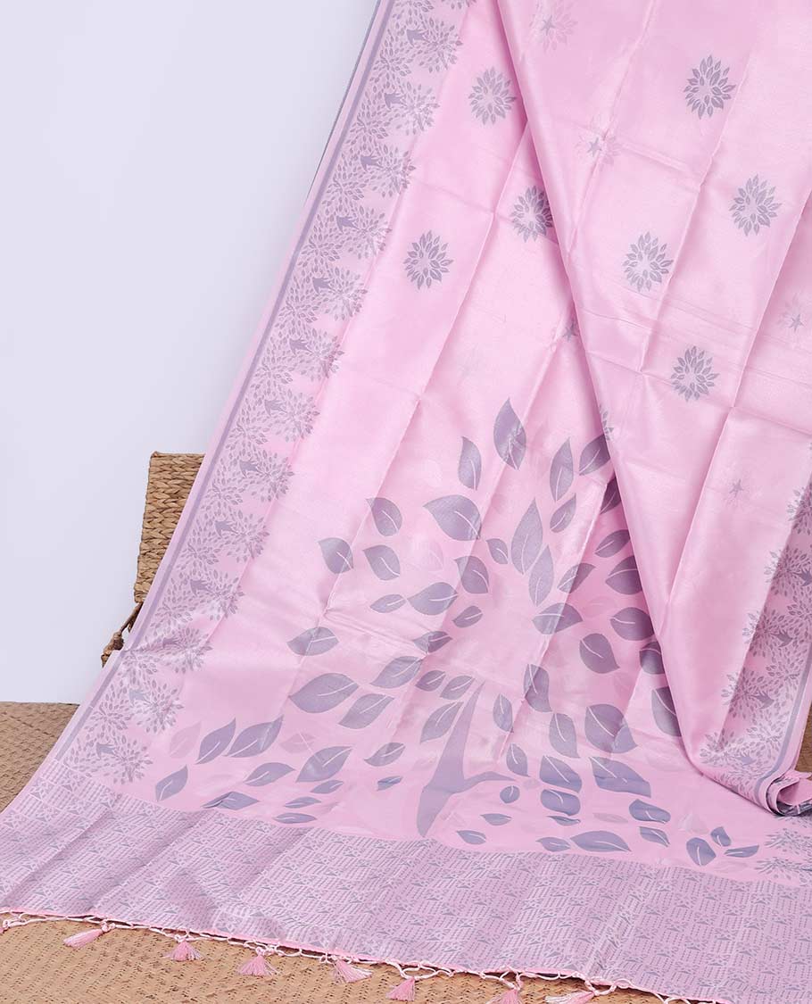 Peach floral printed butter silk saree with self-floral border & intricate design pallu