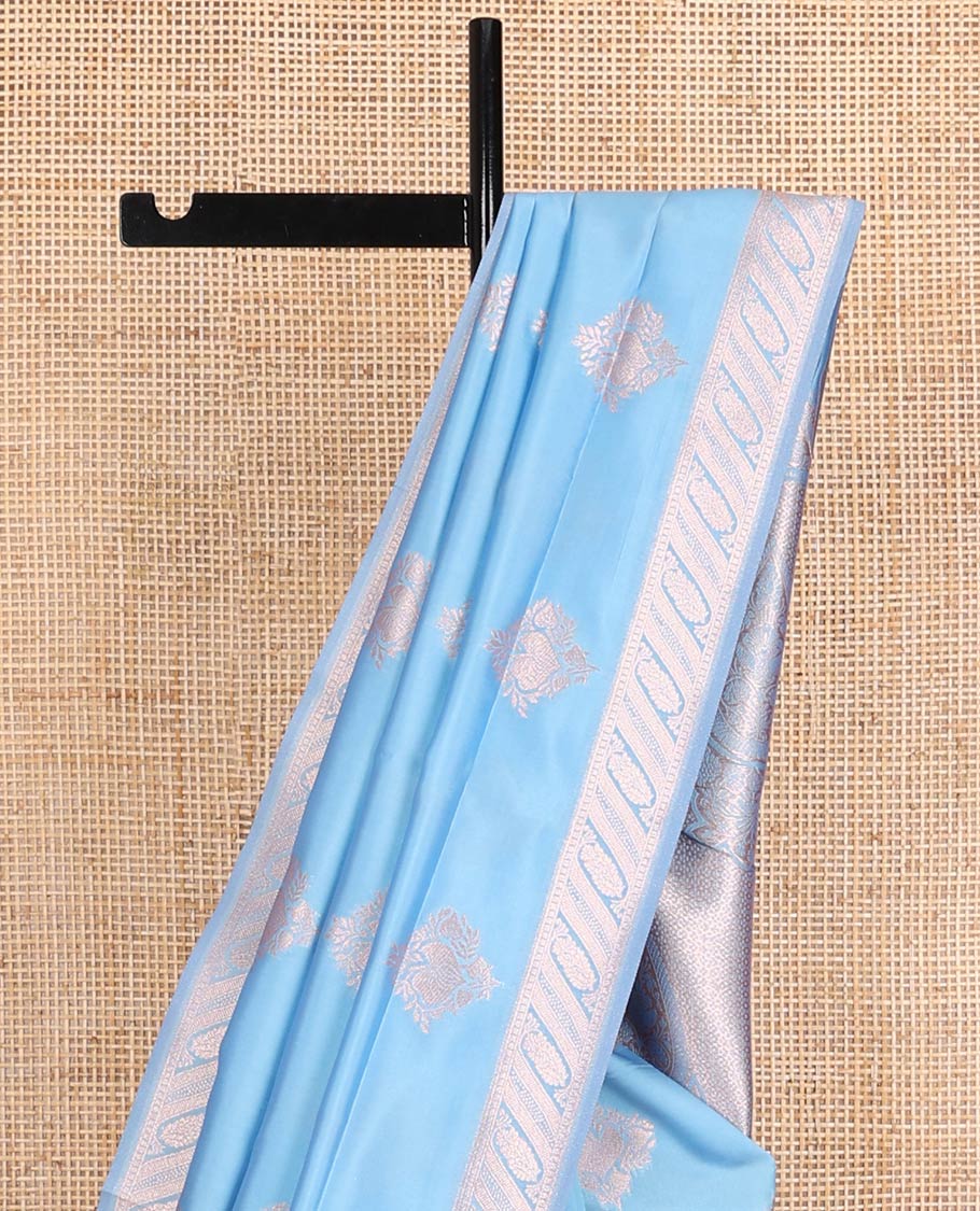 Blue butter silk saree with zari buttas, floral zari design border & intricate pallu