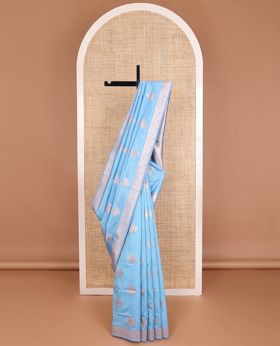 Blue butter silk saree with zari buttas, floral zari design border & intricate pallu