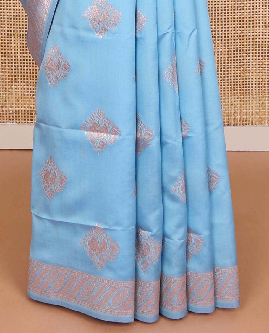Blue butter silk saree with zari buttas, floral zari design border & intricate pallu