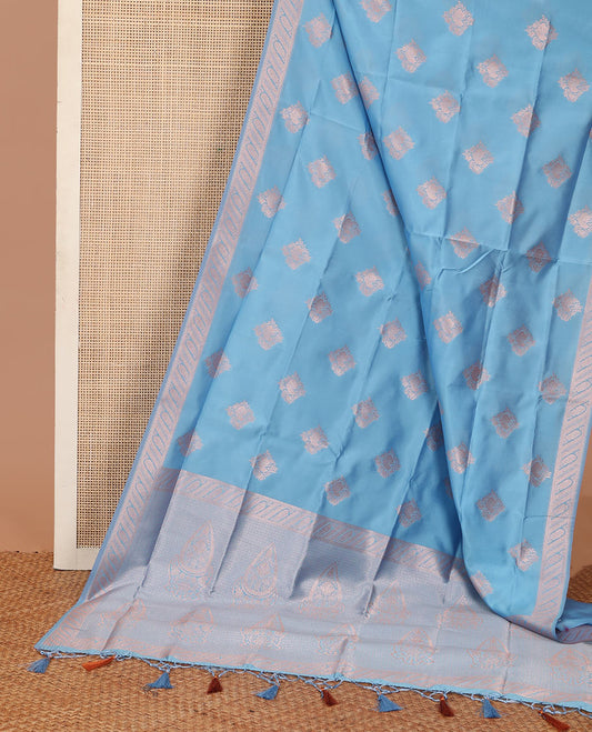 Blue butter silk saree with zari buttas, floral zari design border & intricate pallu