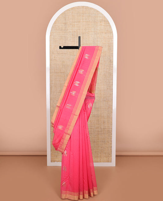 Pink leaf motifs chanderi cotton saree with self zari border & striped pallu