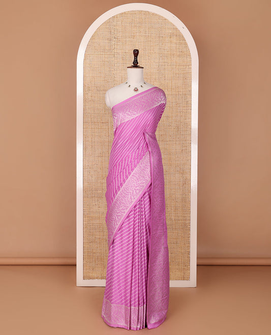 Pink diagonal striped fancy crepe saree, self-border & pallu of zari designs
