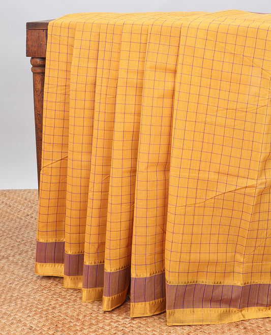 Yellow checked mangalagiri cotton saree with contrast striped border & checked pallu