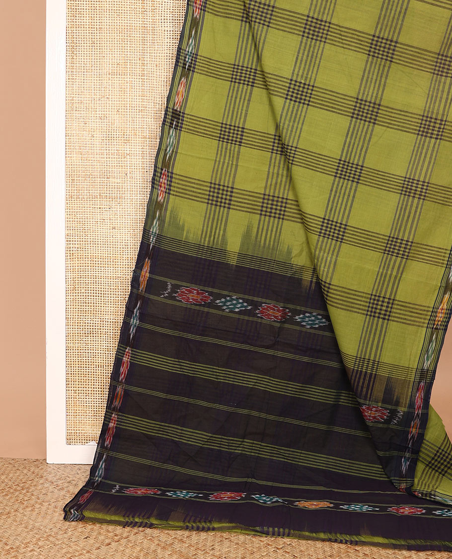 Green checked Andhra cotton saree, ikkat border, and contrast pallu of stripes