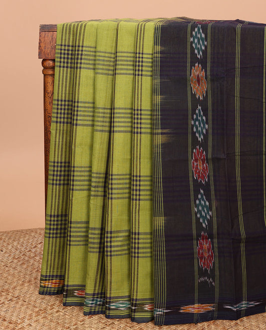 Green checked Andhra cotton saree, ikkat border, and contrast pallu of stripes